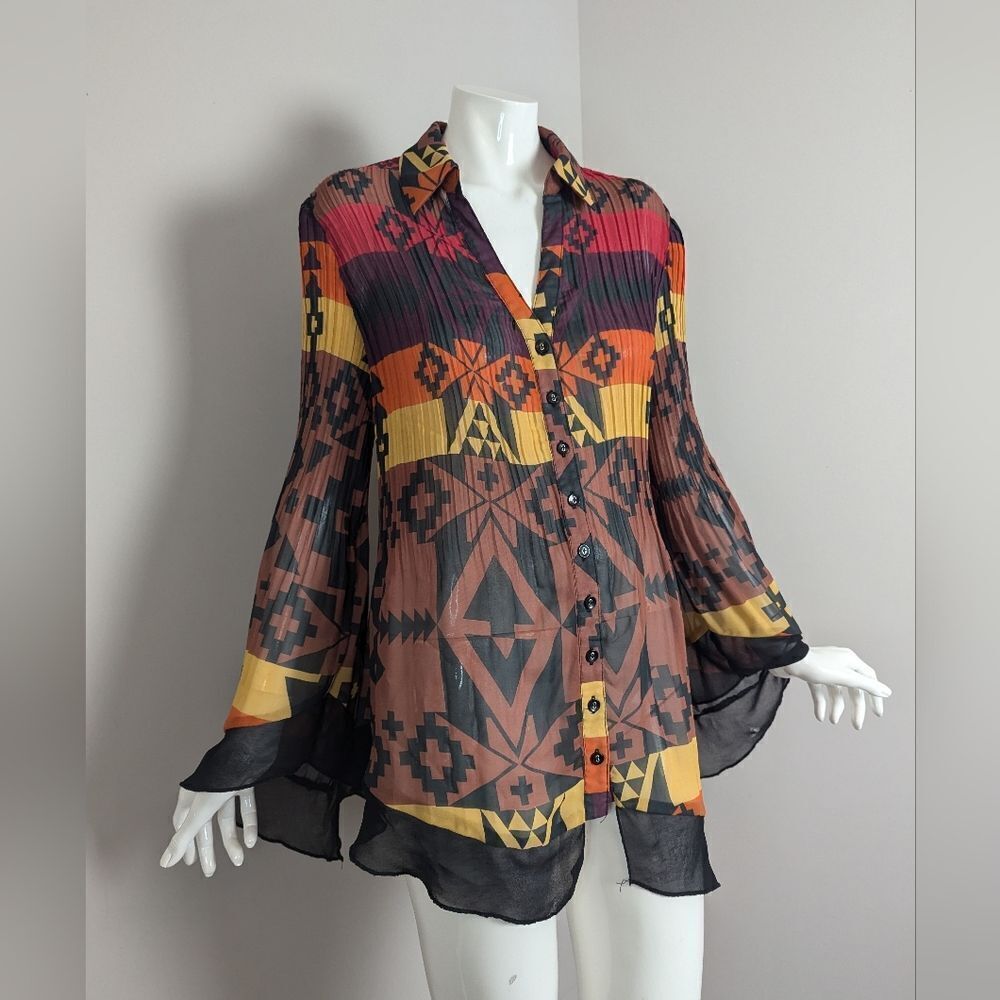 Point Zero Nicole Benisti Vintage Sheer Blouse – Tribal Print Pleated Top – Size
